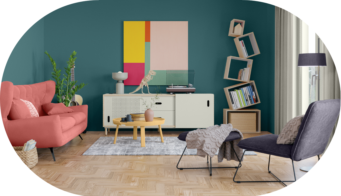 Dulux 2025 paint colour trends 3 ARTIFICIAL teal wall living room pink sofa